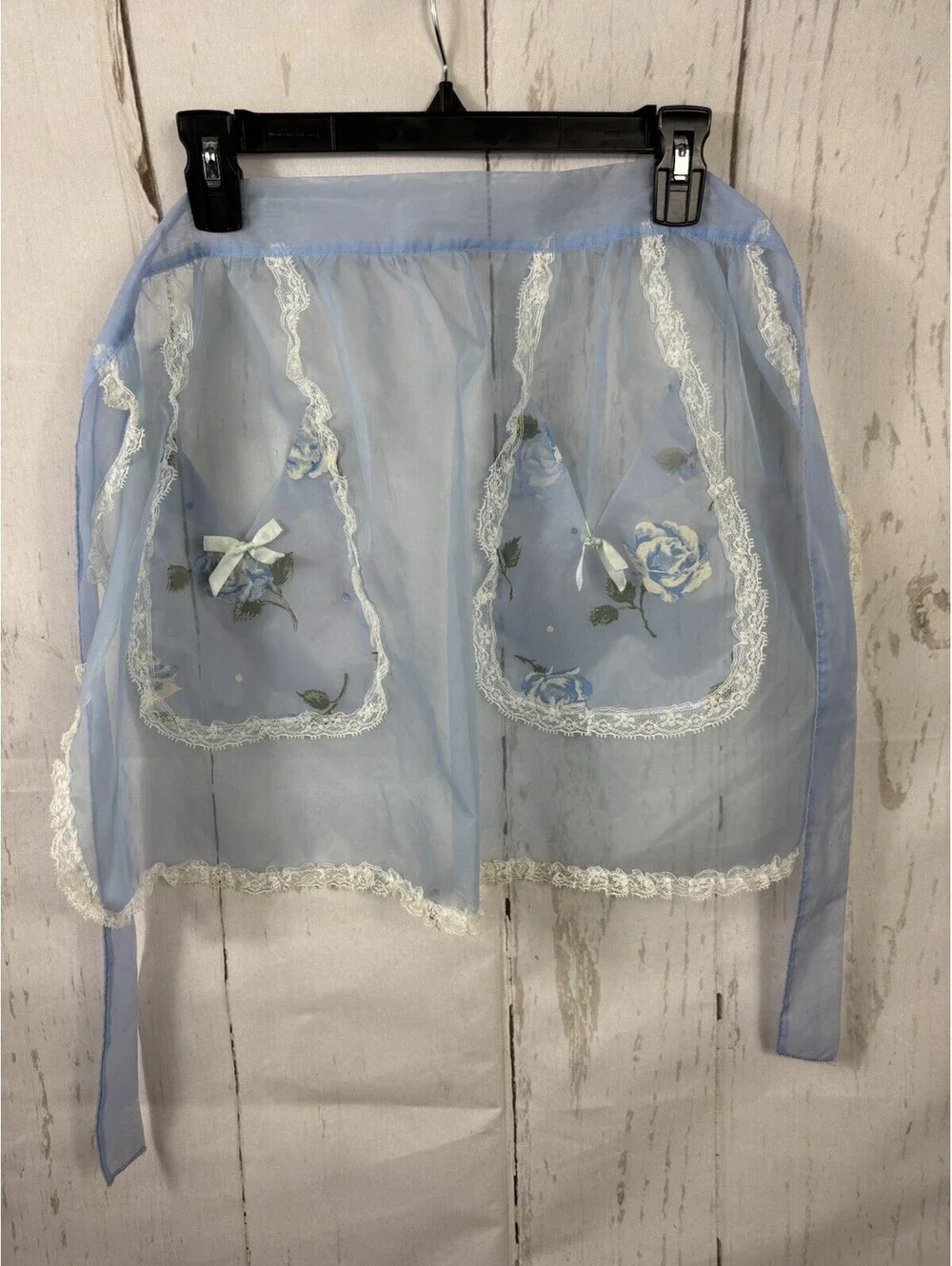 VTG 50s Hostess Half Apron Blue Organza White Trim Blue Roses Applications